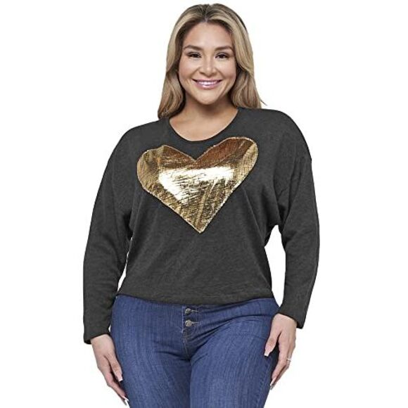 Womens Plus Size Charcoal Long Sleeve Top With Gold Heart - Picture 2 of 3